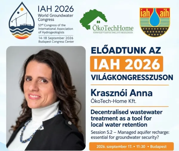 Az ÖkoTech-Home bejelentő grafikája: Krasznói Anna portréja, az IAH 2026 Világkongresszus emblémája és az előadás címe
