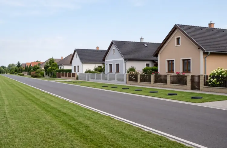 Magyar községi utca felújított földszintes házakkal, a füves padkában több ingatlan előtt aknafedlap