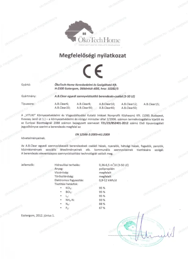 Az A.B.Clear berendezéscsalád CE megfelelőségi nyilatkozata (ÖkoTech-Home Kft., Esztergom, 2012. 06. 01.; EN 12566-3:2005+A1:2009)