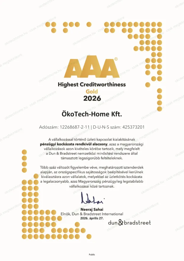 Az ÖkoTech-Home Kft. Dun & Bradstreet Tanúsítványa: AAA — Highest Creditworthiness, Gold, 2026 (kelt 2026. 04. 27.)