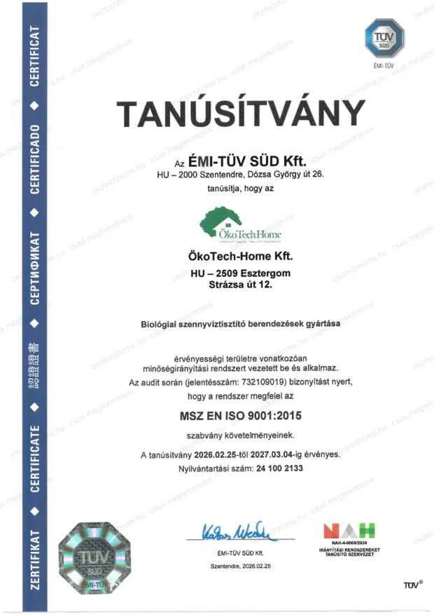 Az ÖkoTech-Home Kft. MSZ EN ISO 9001:2015 tanúsítványa: kiállította az ÉMI-TÜV SÜD Kft., nyilvántartási szám 24 100 2133, érvényes 2026. 02. 25-től 2027. 03. 04-ig
