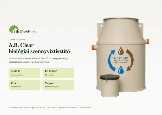 Az A.B. Clear biológiai szennyvíztisztító termékismertetőjének címlapja a berendezés fotójával
