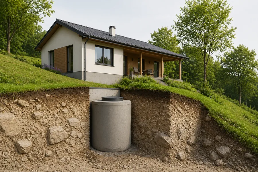 Talajmetszet egy domboldali ház előtt: a gyep alatt hengeres betontároló áll, fedlappal